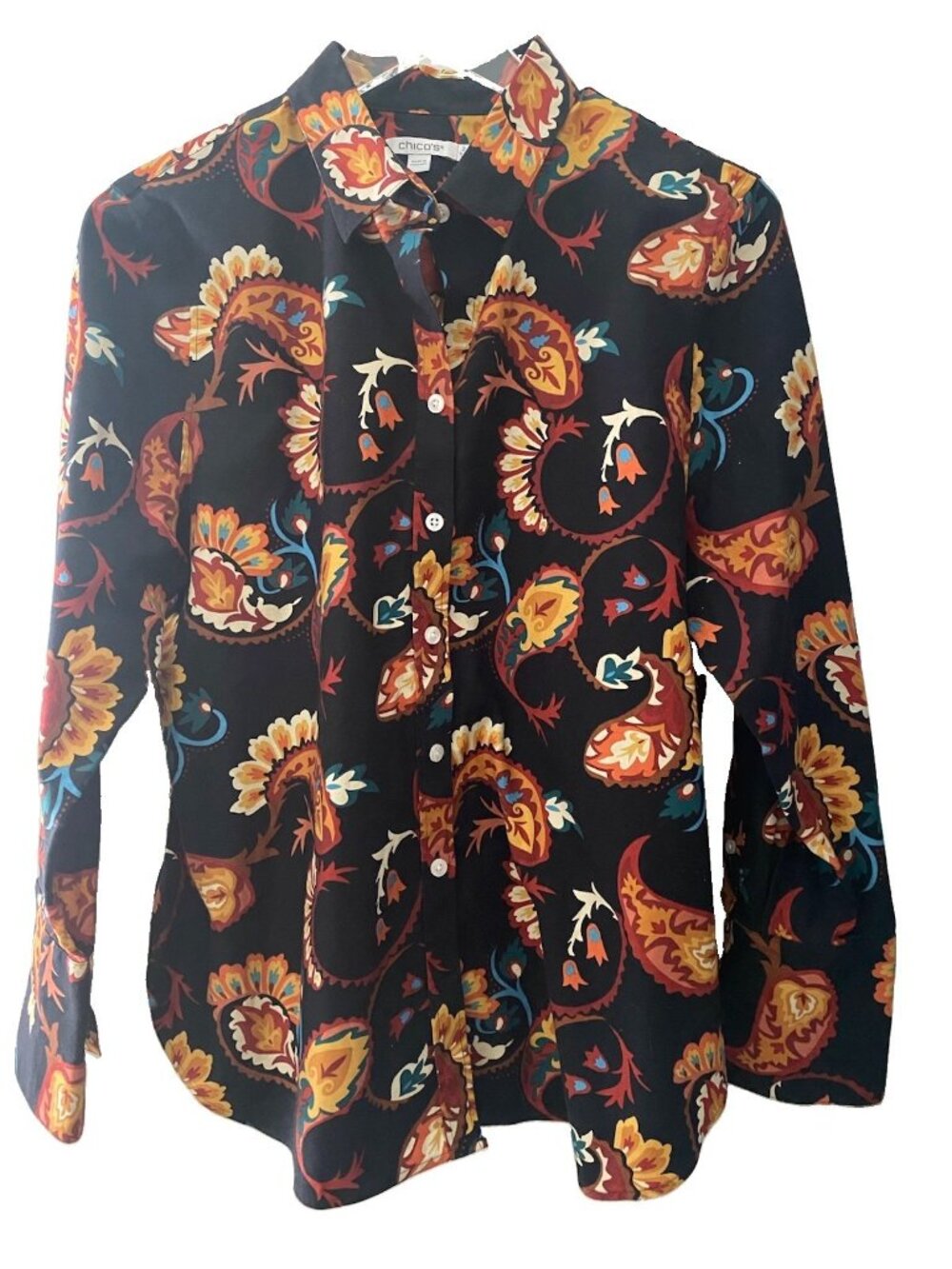 Chicos Blouse Top Size 2 Fall Colorful Cotton Button Up No Iron Collar